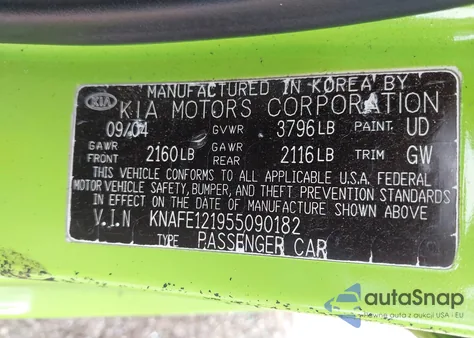 2005 Kia Spectra Ex/Lx/Sx z USA, uszkodzony, nr VIN KNAFE121955090182